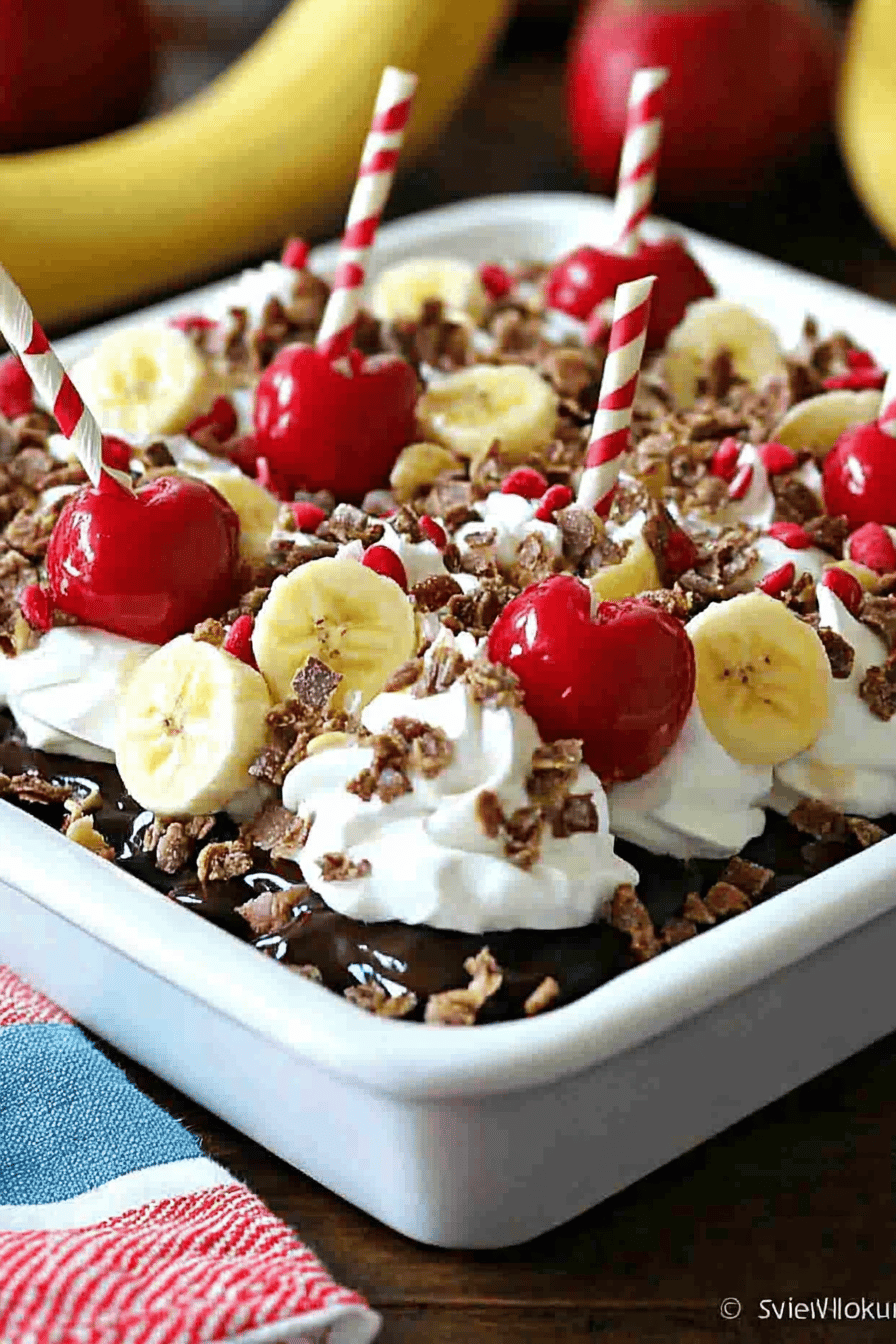 7-Layer Banana Split Lush final dish beautifully presented and ready to serve