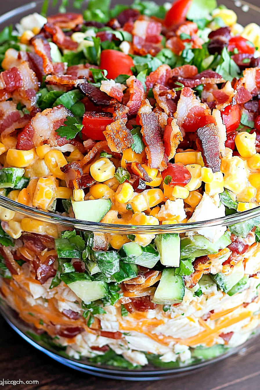 7-Layer Chicken Bacon Ranch Salad ingredients organized and measured on kitchen counter