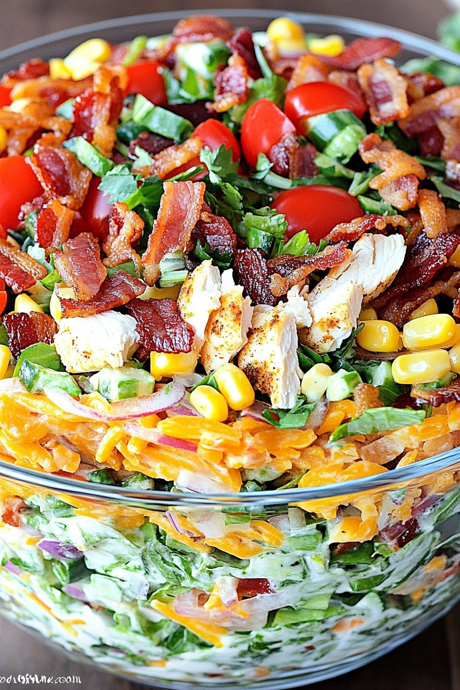 7-Layer Chicken Bacon Ranch Salad final dish beautifully presented and ready to serve