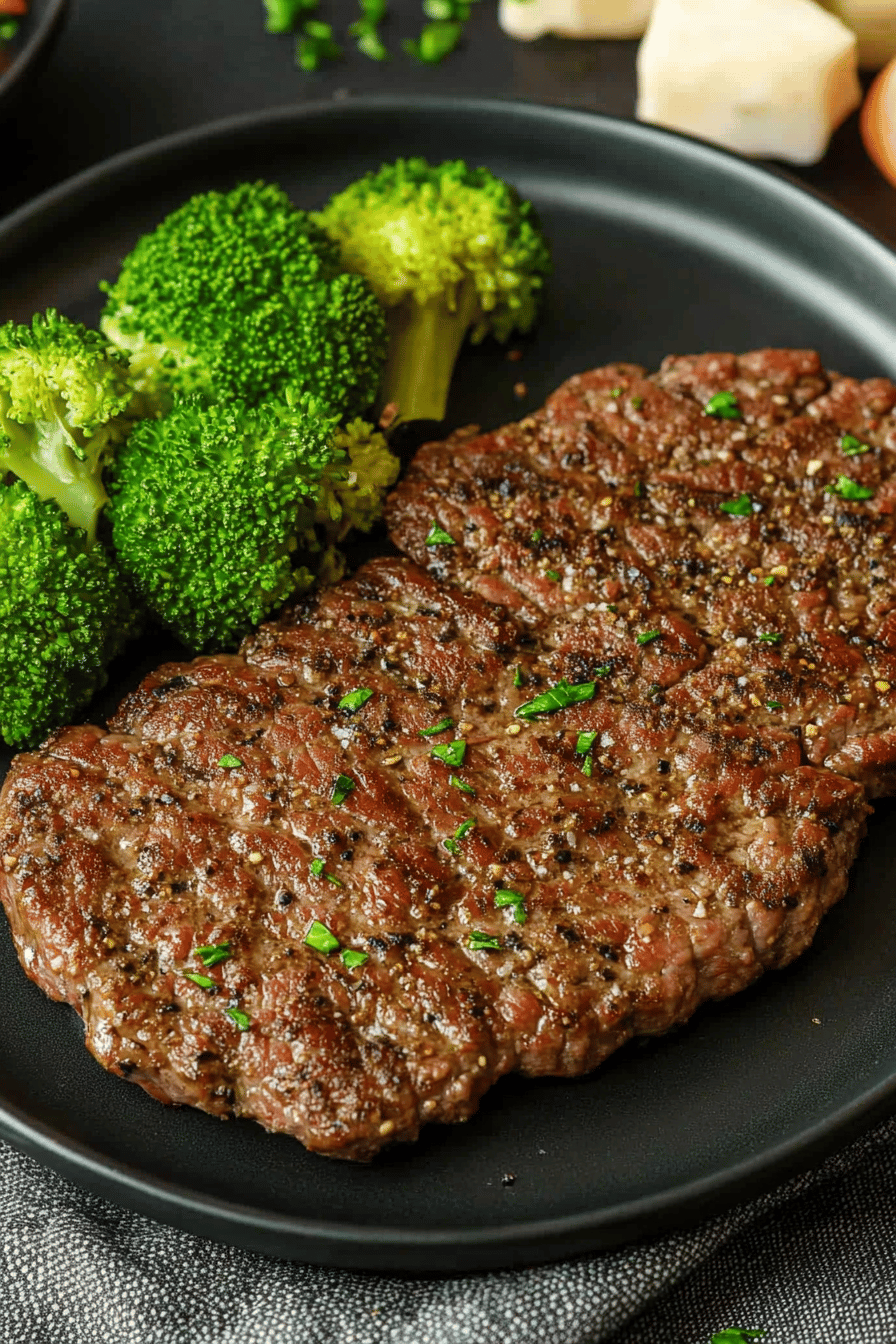 Air Fryer Cube Steak slice on plate showing perfect texture and swirl pattern