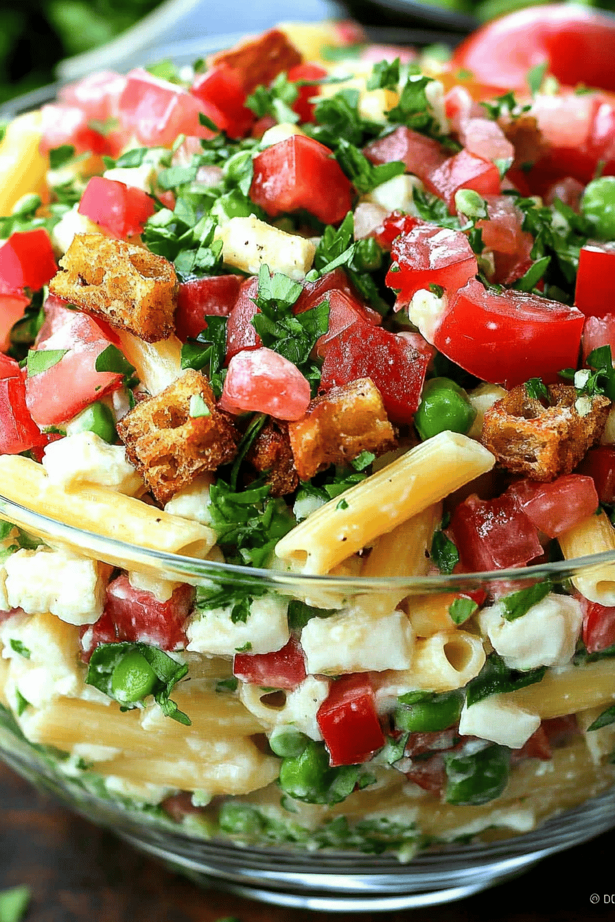 BLT Penne Pasta Salad slice on plate showing perfect texture and swirl pattern