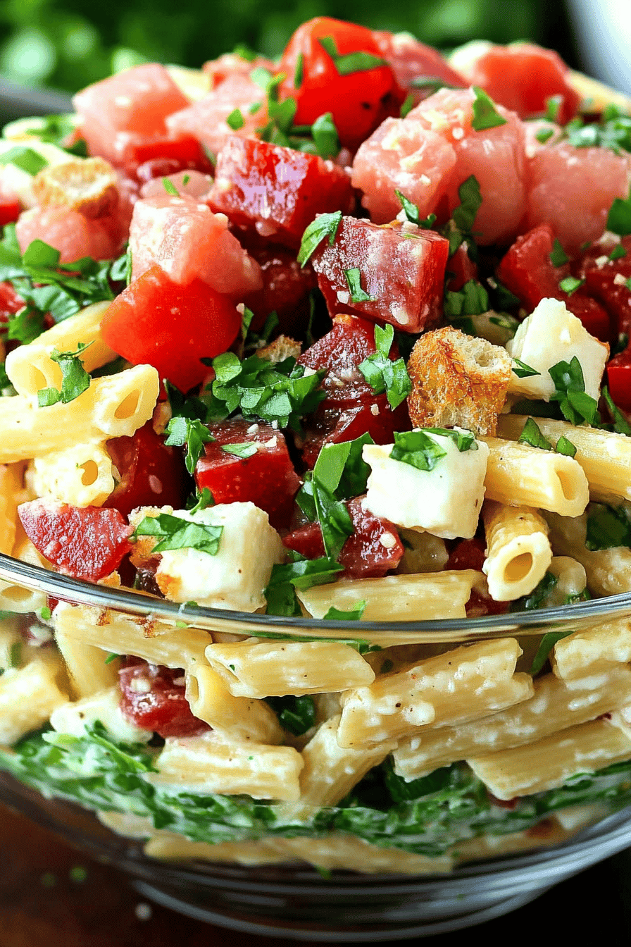 BLT Penne Pasta Salad final dish beautifully presented and ready to serve