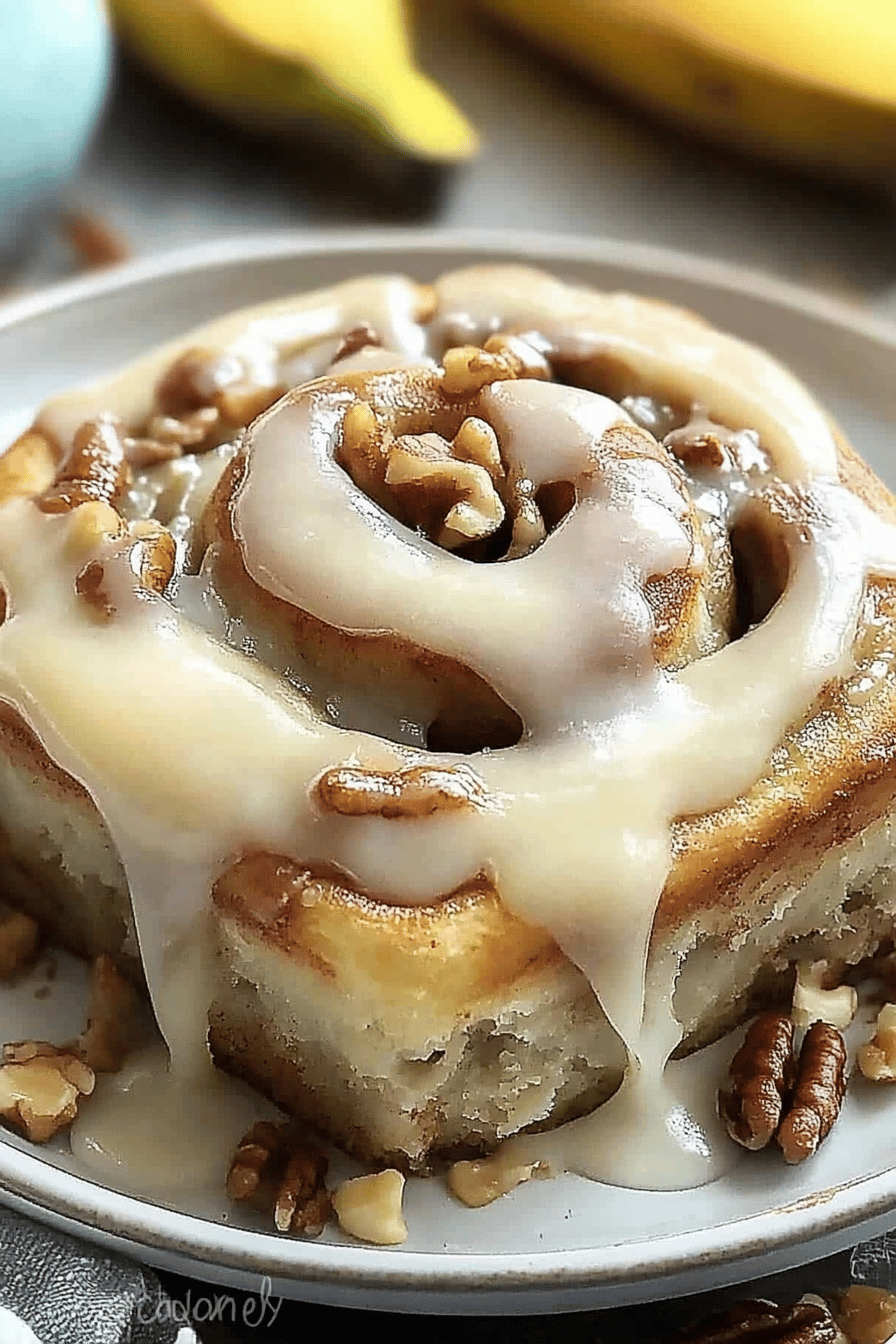 Banana Bread Cinnamon Rolls slice on plate showing perfect texture and swirl pattern