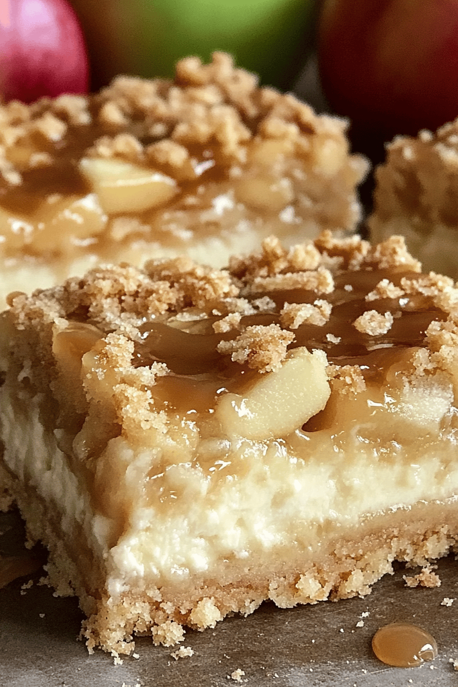 Caramel Apple Cheesecake Bars slice on plate showing perfect texture and swirl pattern