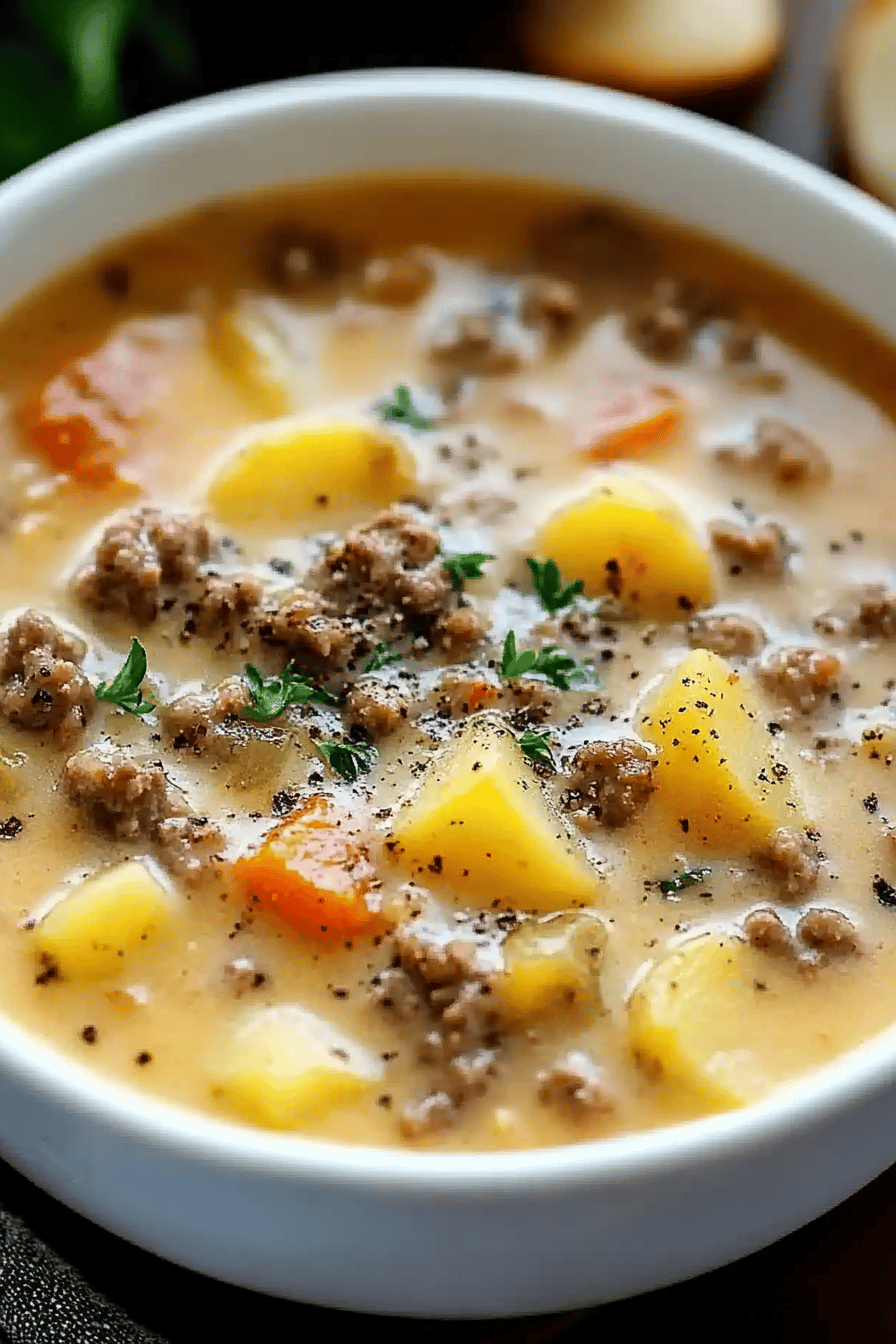 Cheesy Hamburger Potato Soup slice on plate showing perfect texture and swirl pattern
