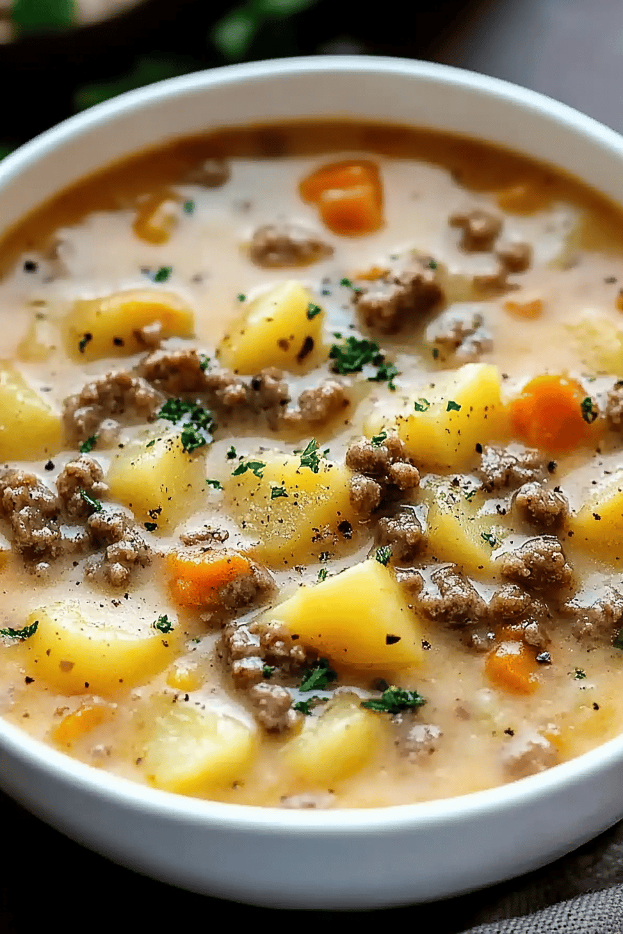 Cheesy Hamburger Potato Soup final dish beautifully presented and ready to serve
