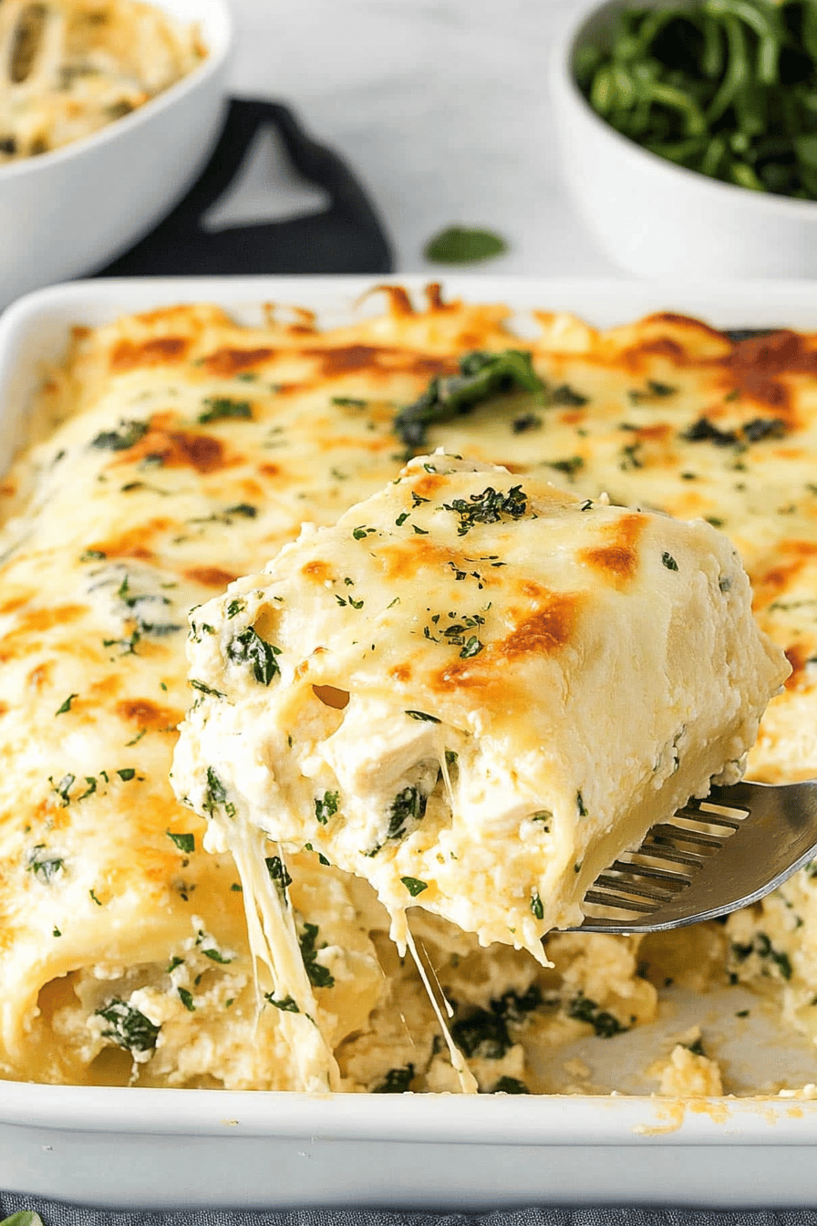 Chicken Alfredo Lasagna slice on plate showing perfect texture and swirl pattern