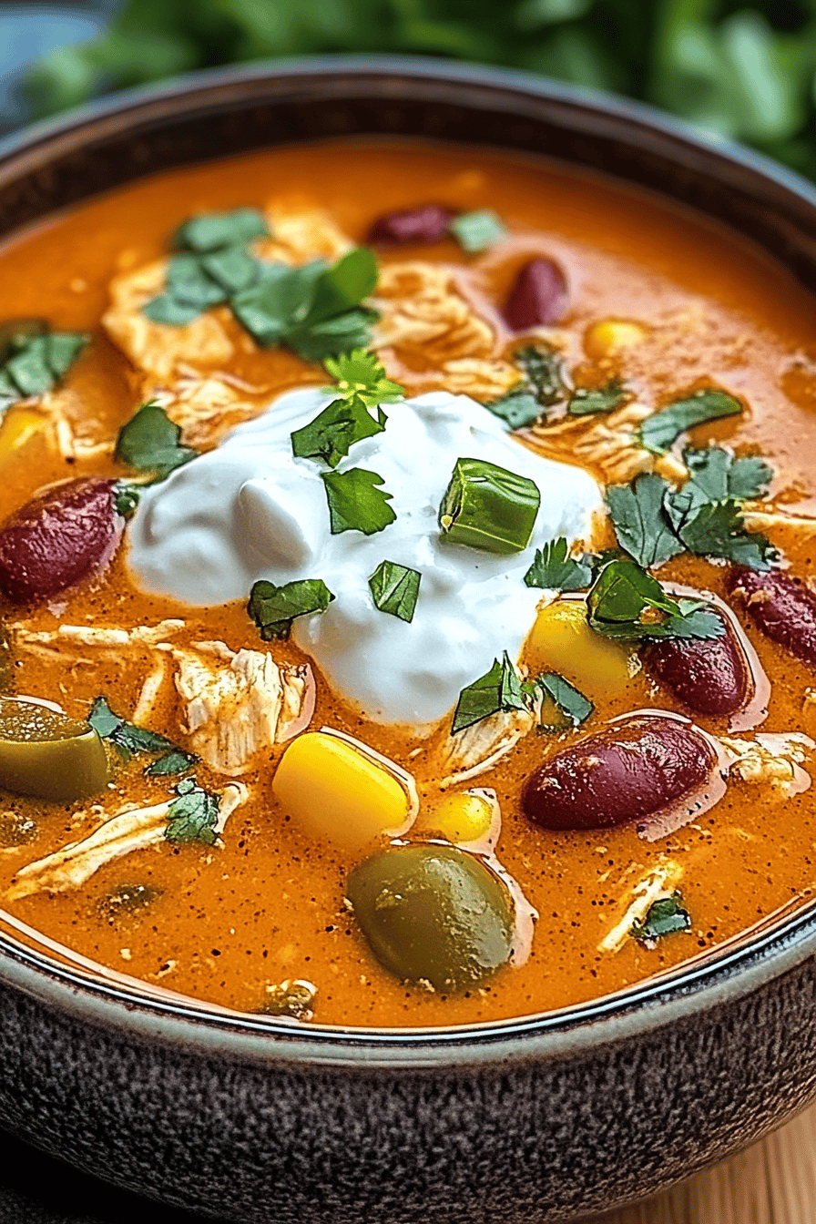 Chicken Enchilada Soup slice on plate showing perfect texture and swirl pattern