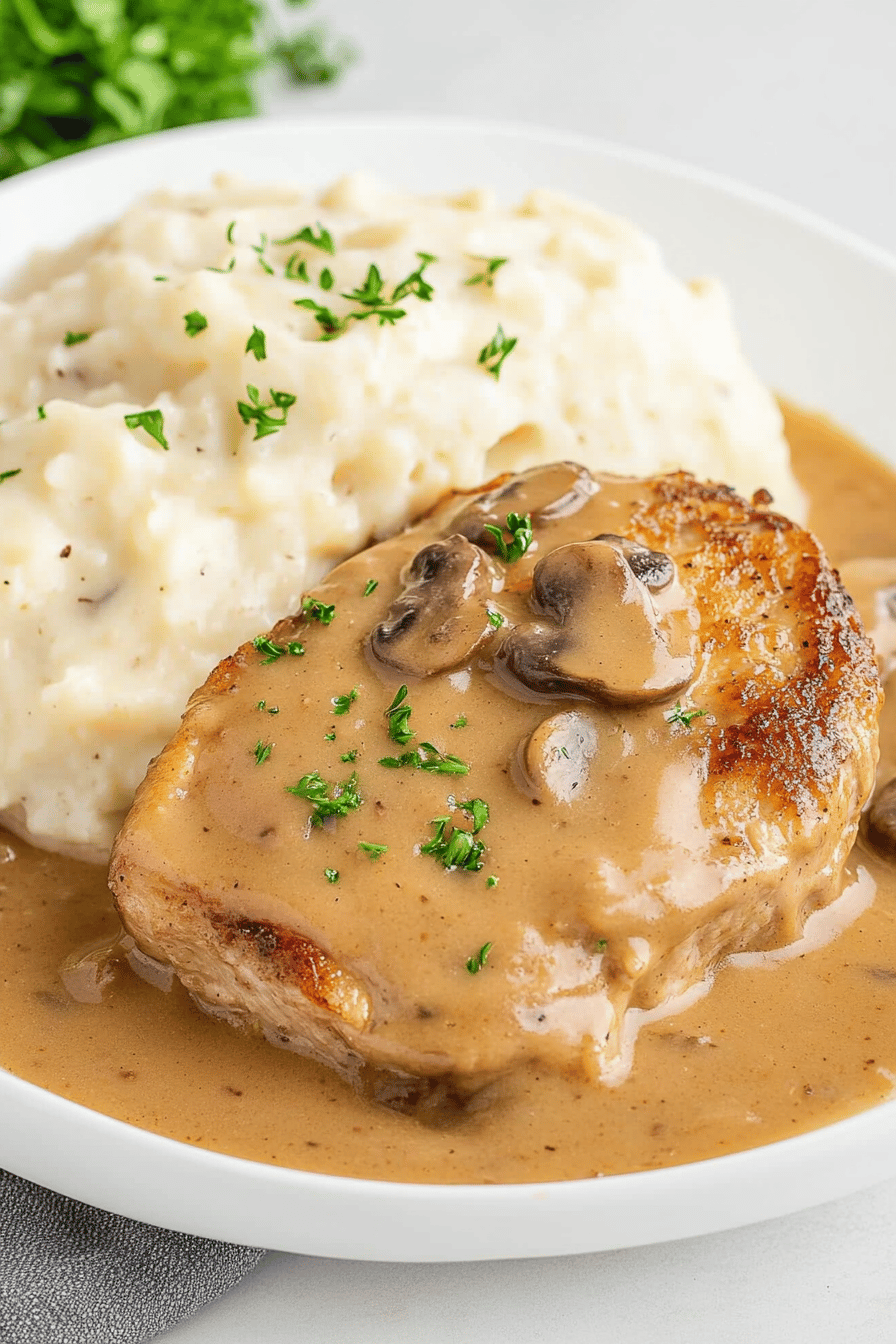 Crock Pot Pork Chops Cream of Mushroom slice on plate showing perfect texture and swirl pattern