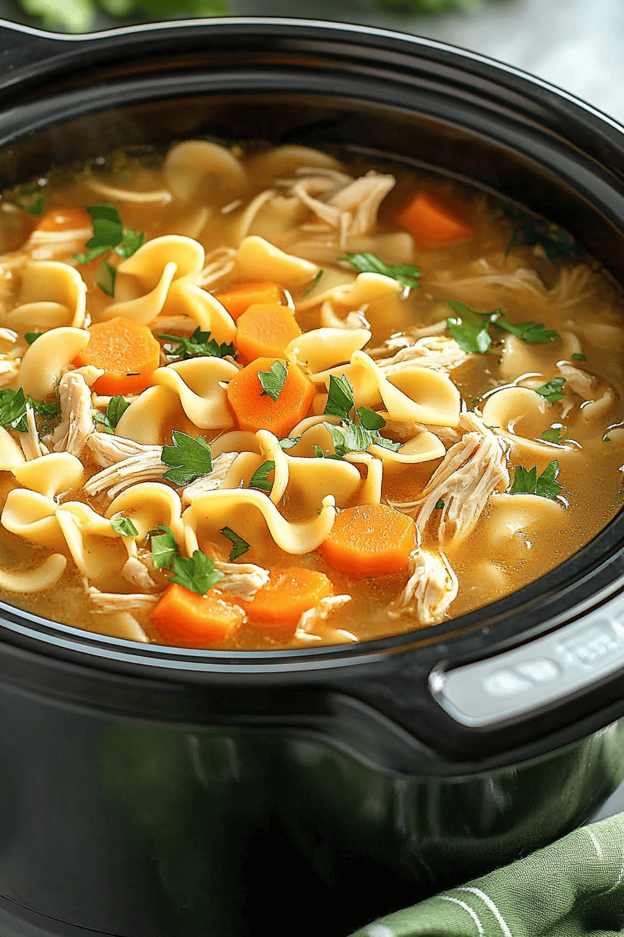 Crockpot Chicken Noodle Soup final dish beautifully presented and ready to serve