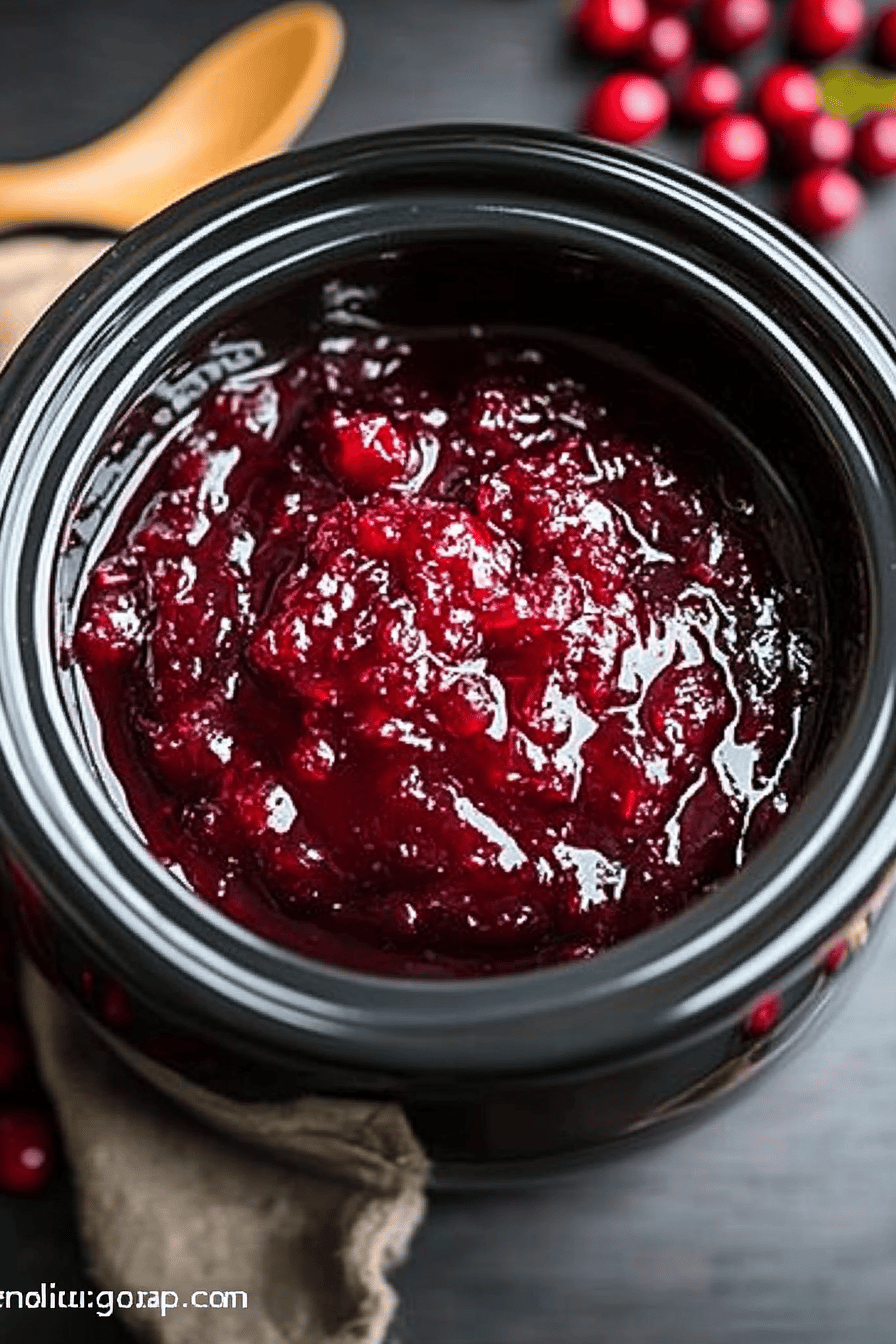 Crockpot Cranberry Sauce slice on plate showing perfect texture and swirl pattern