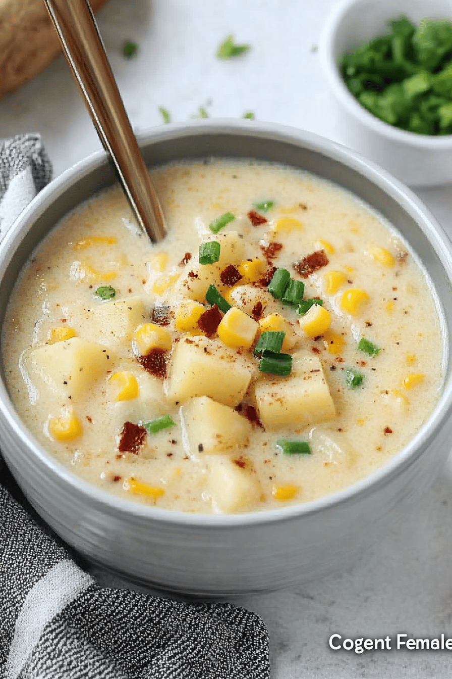 Crockpot Potato Corn Chowder slice on plate showing perfect texture and swirl pattern