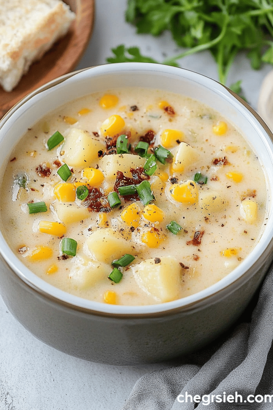 Crockpot Potato Corn Chowder final dish beautifully presented and ready to serve