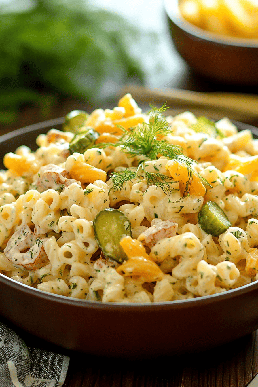 Dill Pickle Pasta Salad ingredients organized and measured on kitchen counter