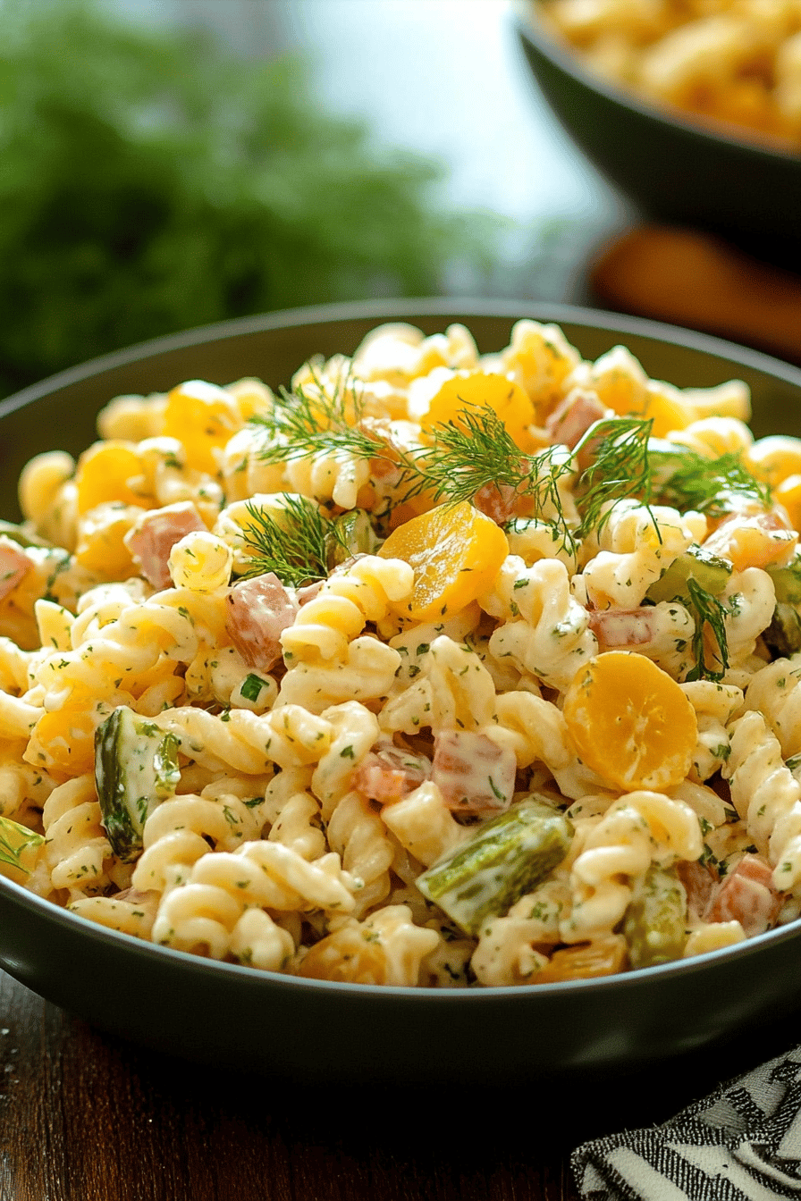 Dill Pickle Pasta Salad final dish beautifully presented and ready to serve