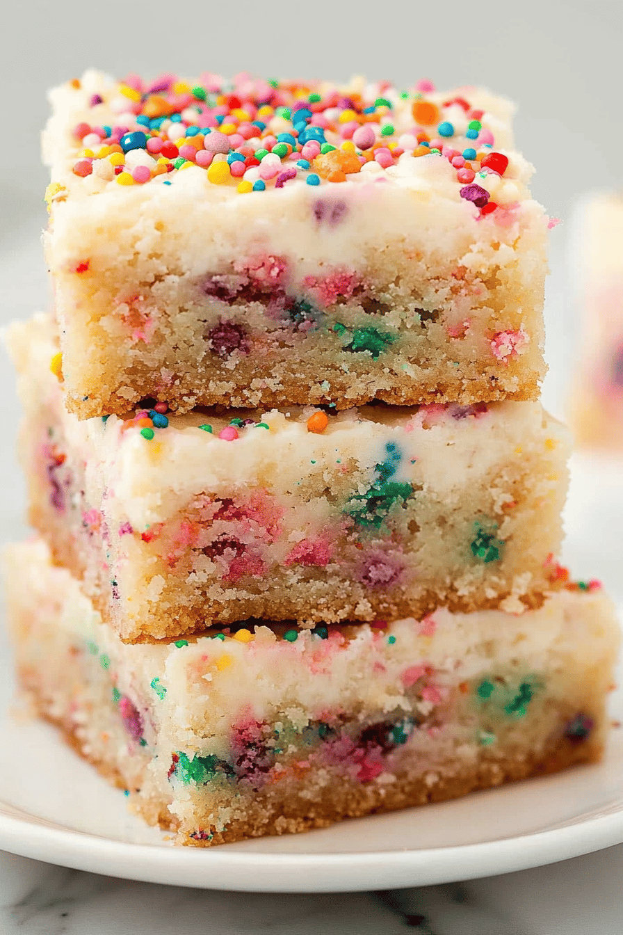 Funfetti Cake Batter Cookie Bars slice on plate showing perfect texture and swirl pattern