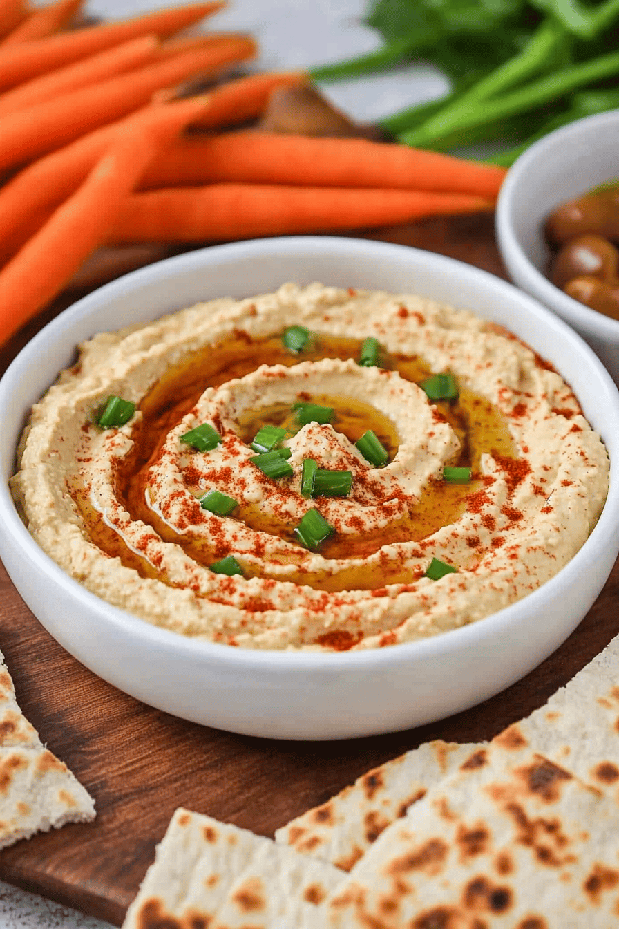 Homemade Hummus Recipe final dish beautifully presented and ready to serve