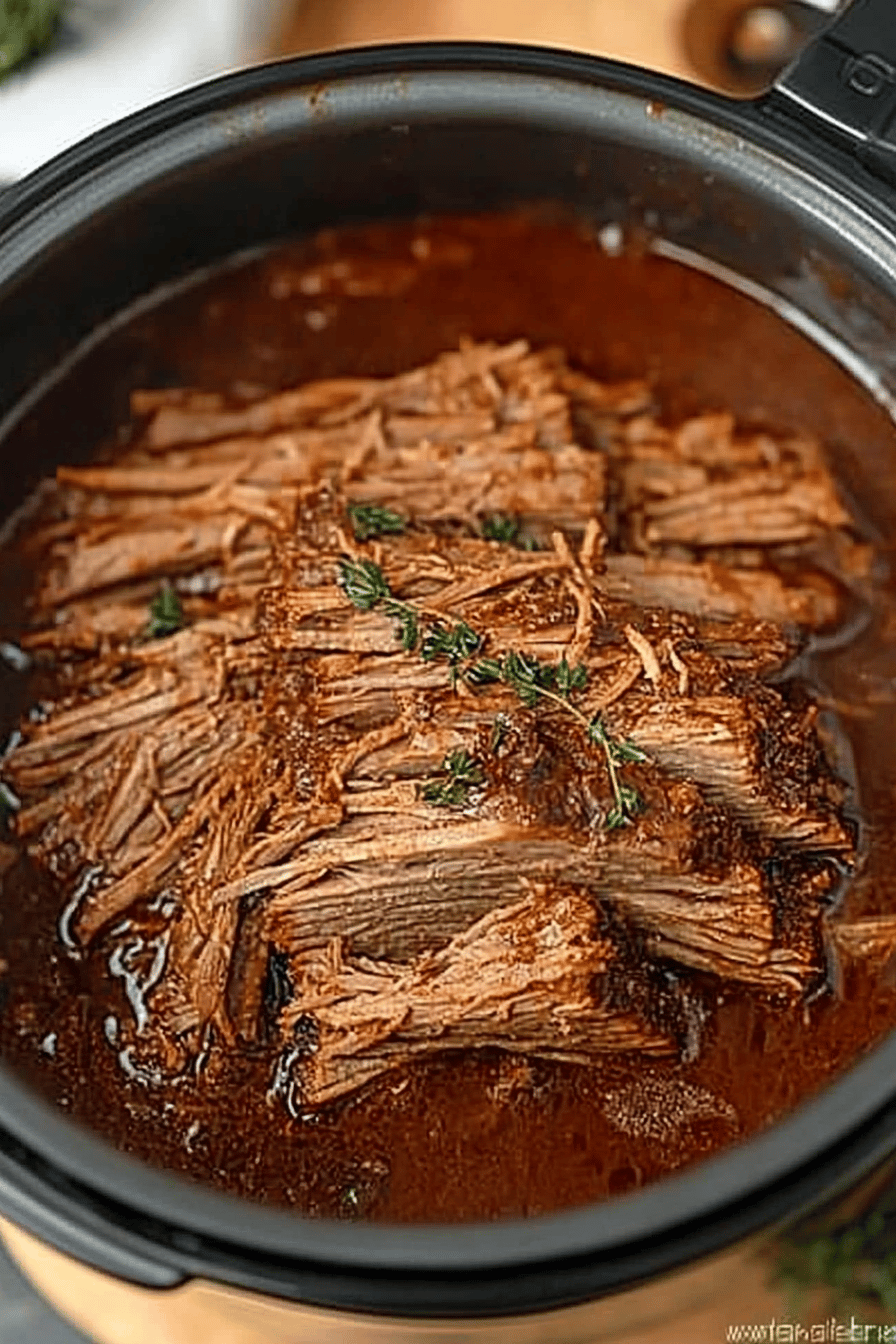Instant Pot BBQ Brisket Recipe slice on plate showing perfect texture and swirl pattern