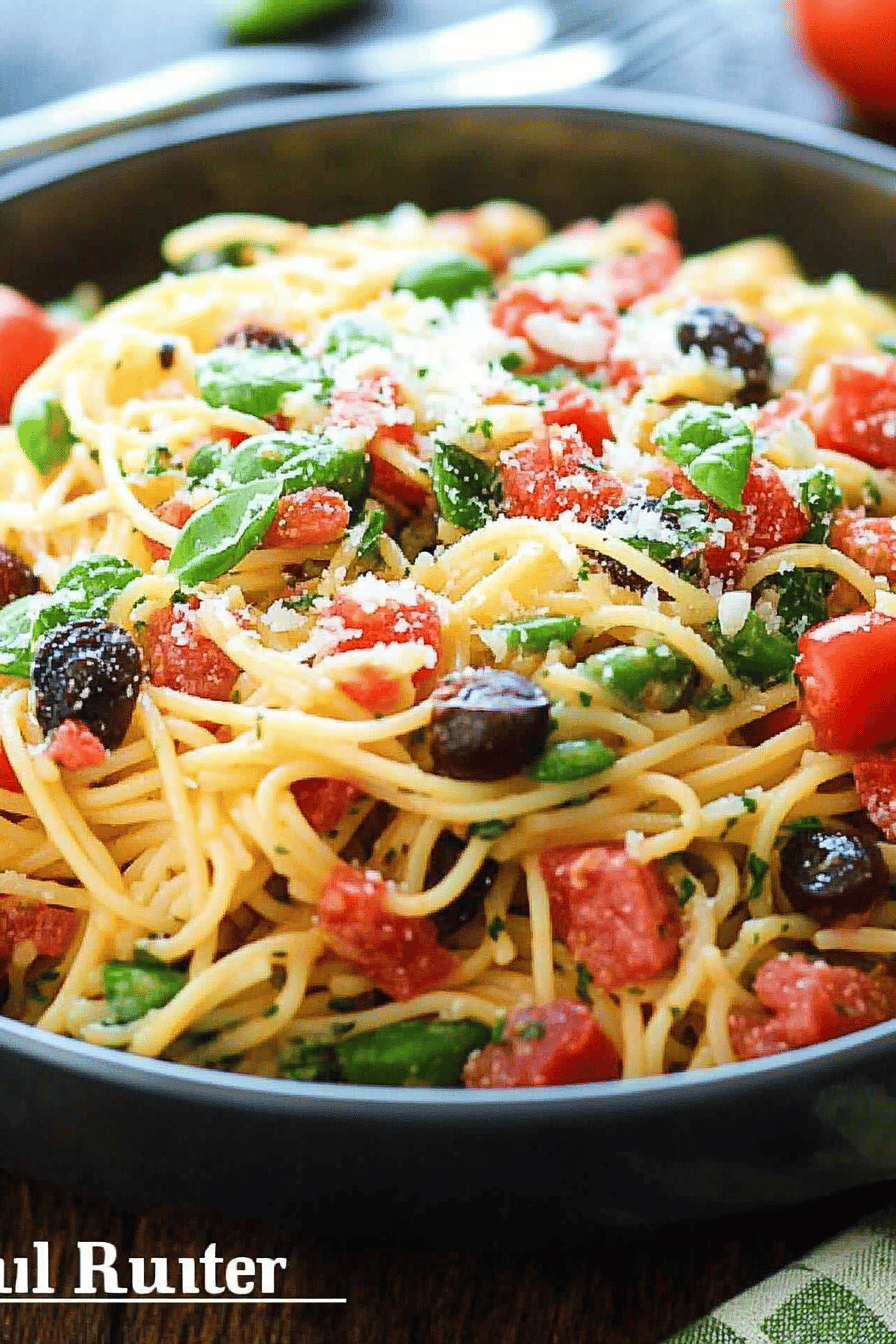 Italian Spaghetti Salad ingredients organized and measured on kitchen counter