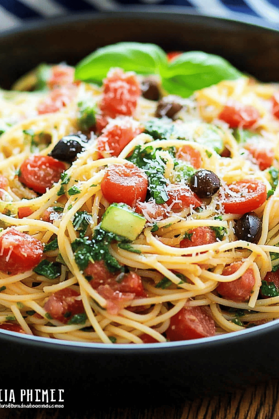 Italian Spaghetti Salad final dish beautifully presented and ready to serve