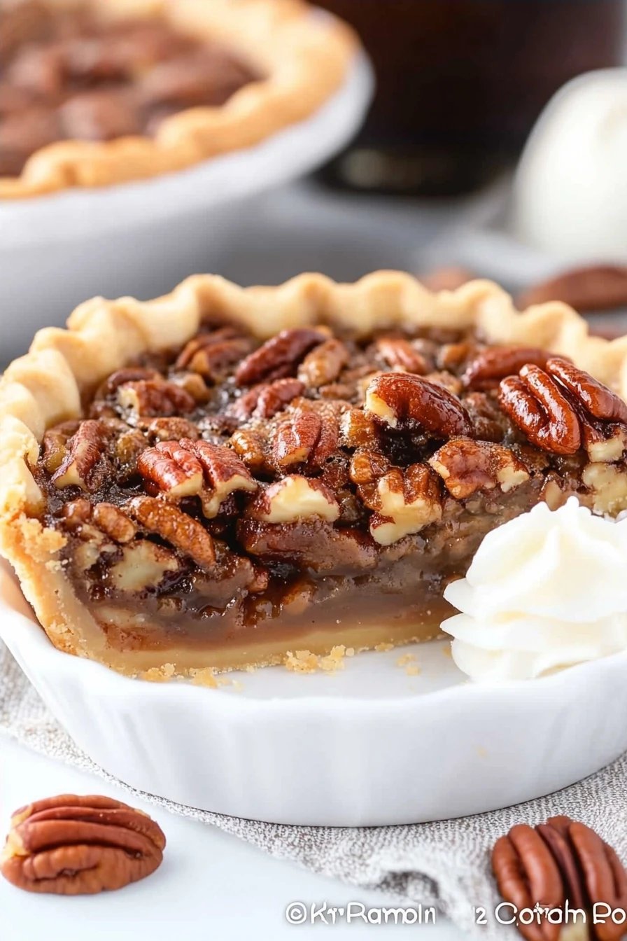 Karo Syrup Pecan Pie slice on plate showing perfect texture and swirl pattern