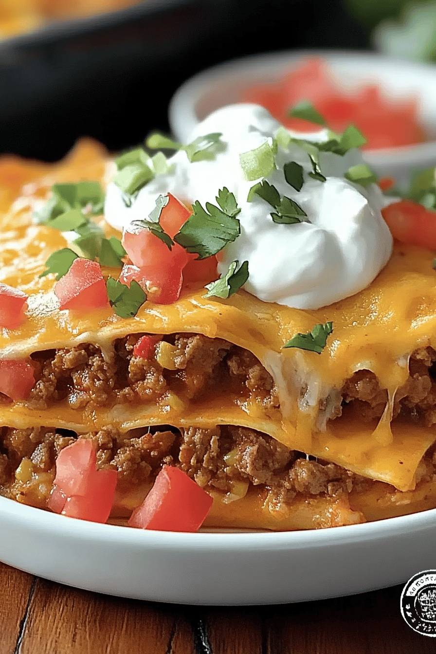Layered Taco Bake slice on plate showing perfect texture and swirl pattern