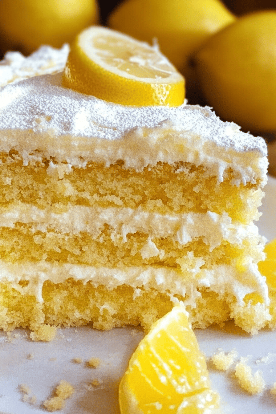Lemon Dream Cake slice on plate showing perfect texture and swirl pattern