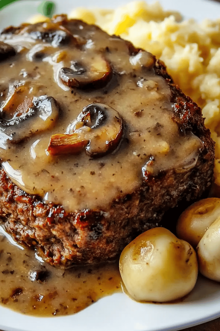 Meatloaf Mushroom Gravy slice on plate showing perfect texture and swirl pattern