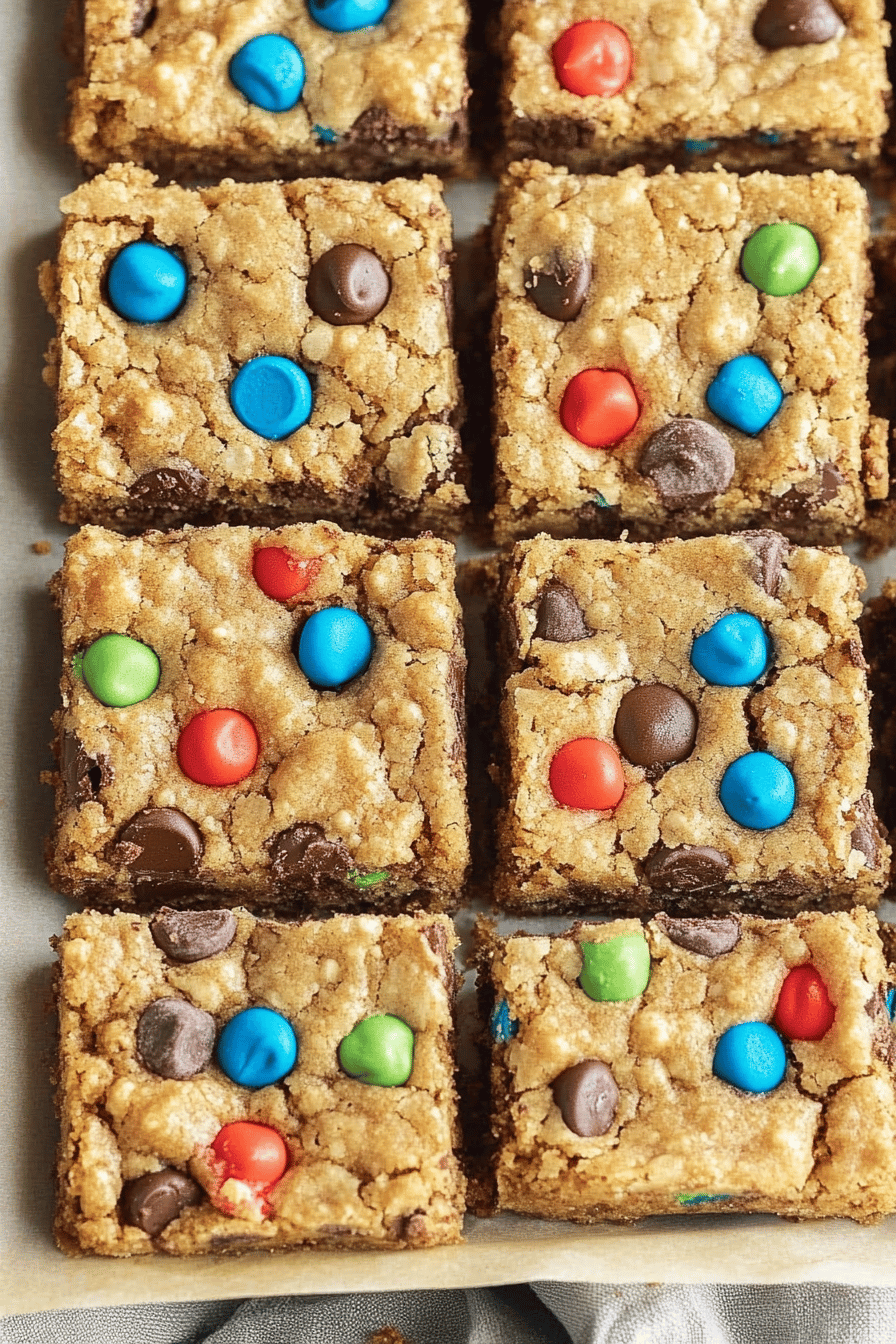 Monster Cookie Bars ingredients organized and measured on kitchen counter