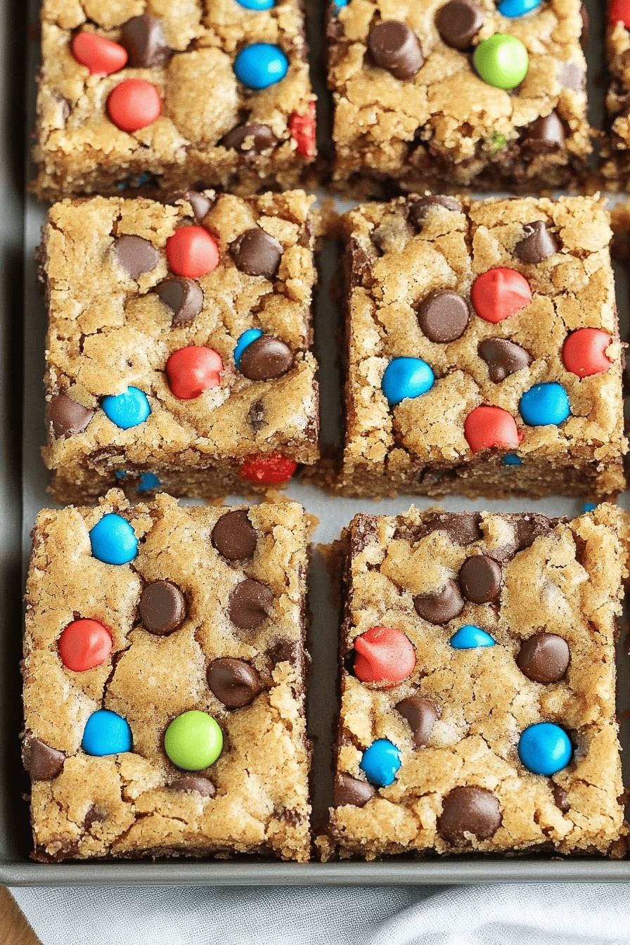 Monster Cookie Bars slice on plate showing perfect texture and swirl pattern