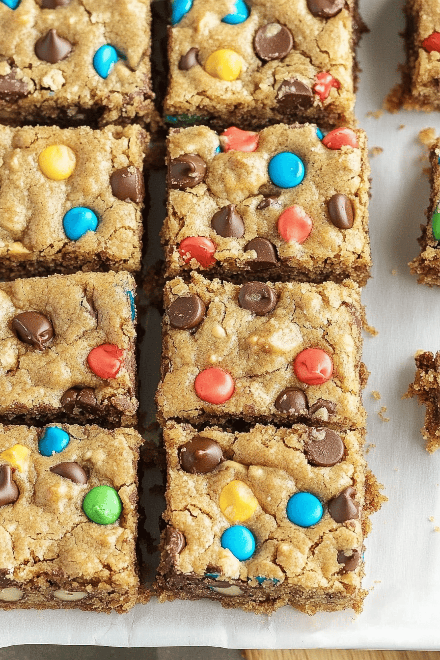 Monster Cookie Bars final dish beautifully presented and ready to serve