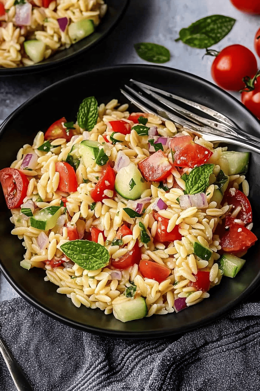 Orzo Pasta Salad Recipe final dish beautifully presented and ready to serve