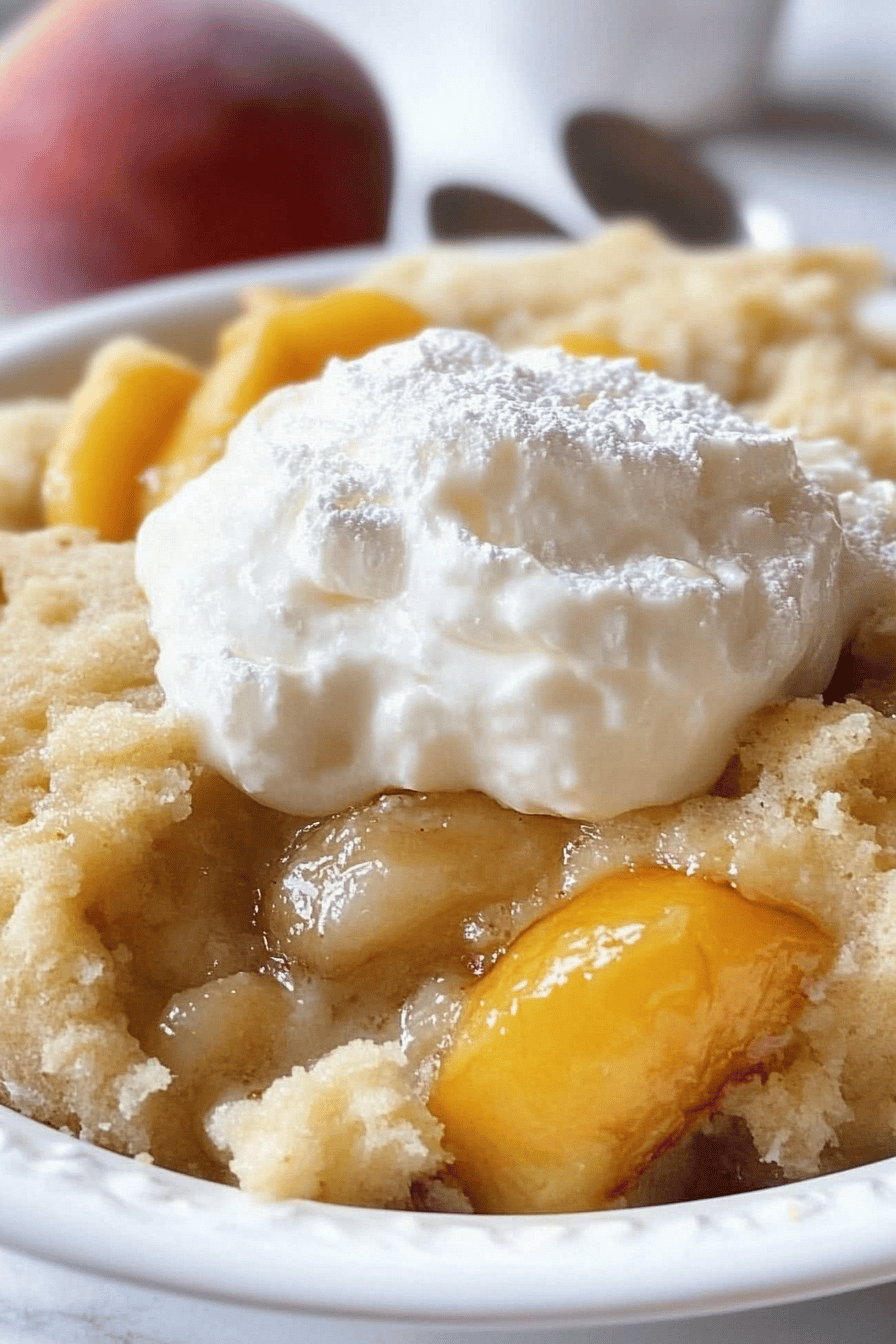 Peach Cobbler Dump Cake slice on plate showing perfect texture and swirl pattern