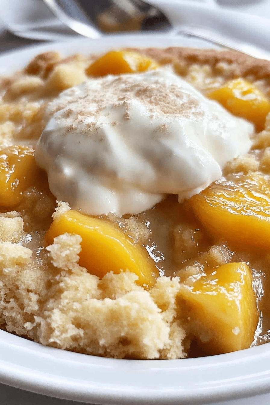 Peach Cobbler Dump Cake final dish beautifully presented and ready to serve