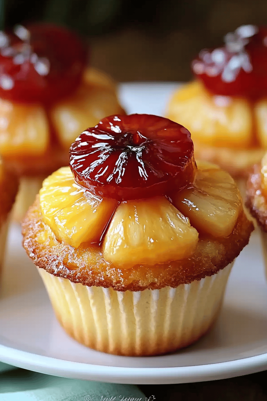 Pineapple Upside-Down Cupcakes slice on plate showing perfect texture and swirl pattern