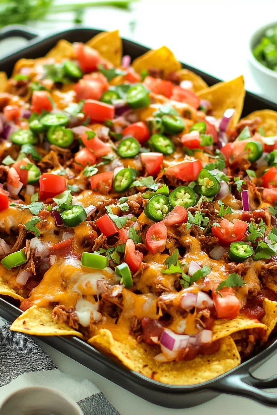 Pulled Pork Nachos slice on plate showing perfect texture and swirl pattern