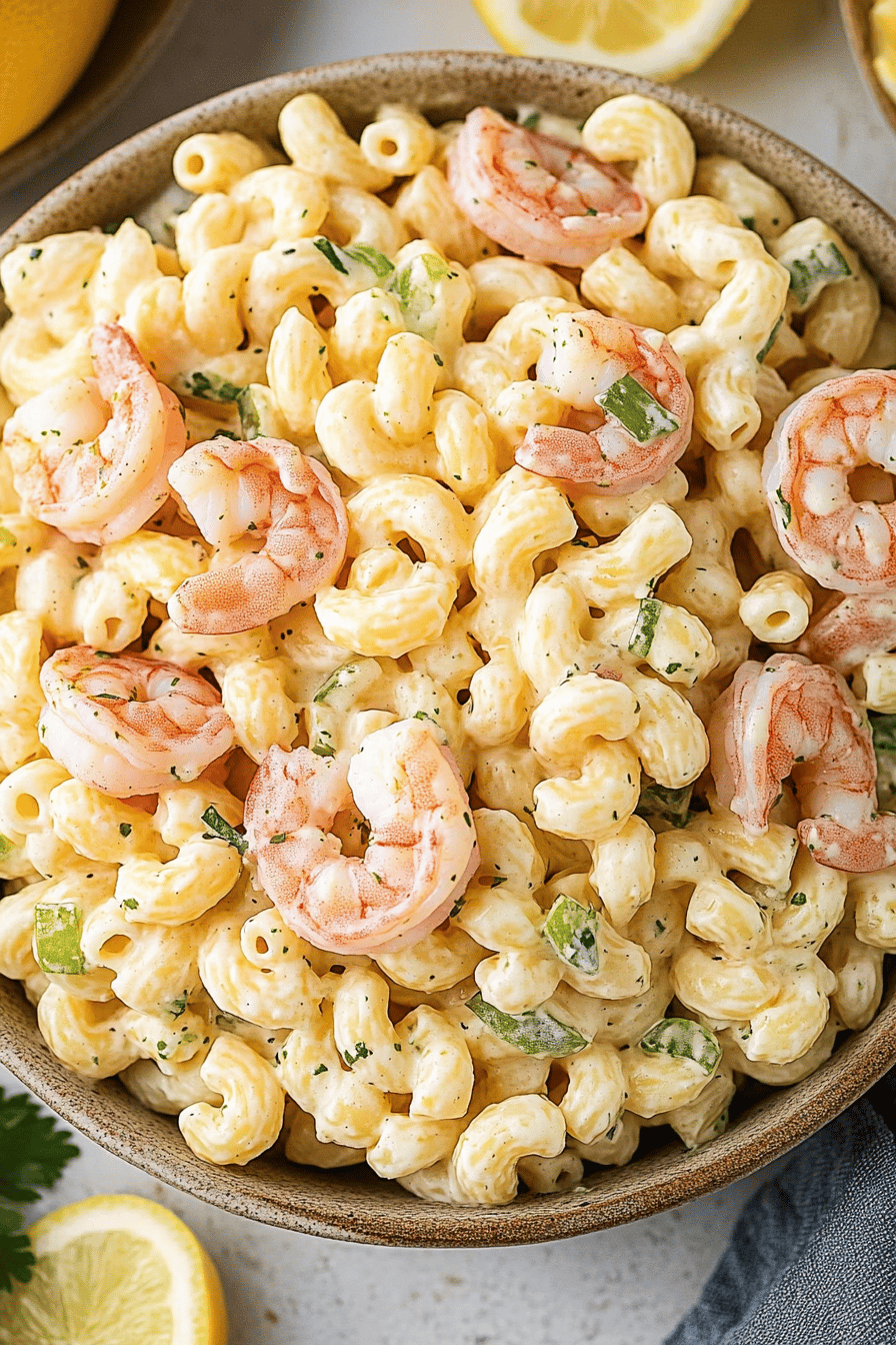 Shrimp Macaroni Salad Recipe ingredients organized and measured on kitchen counter