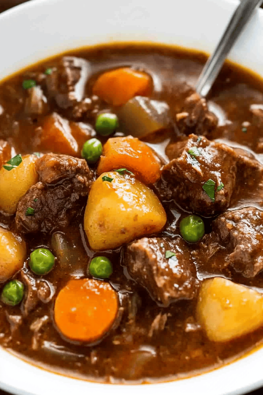 Slow Cooker Beef Stew Recipe slice on plate showing perfect texture and swirl pattern