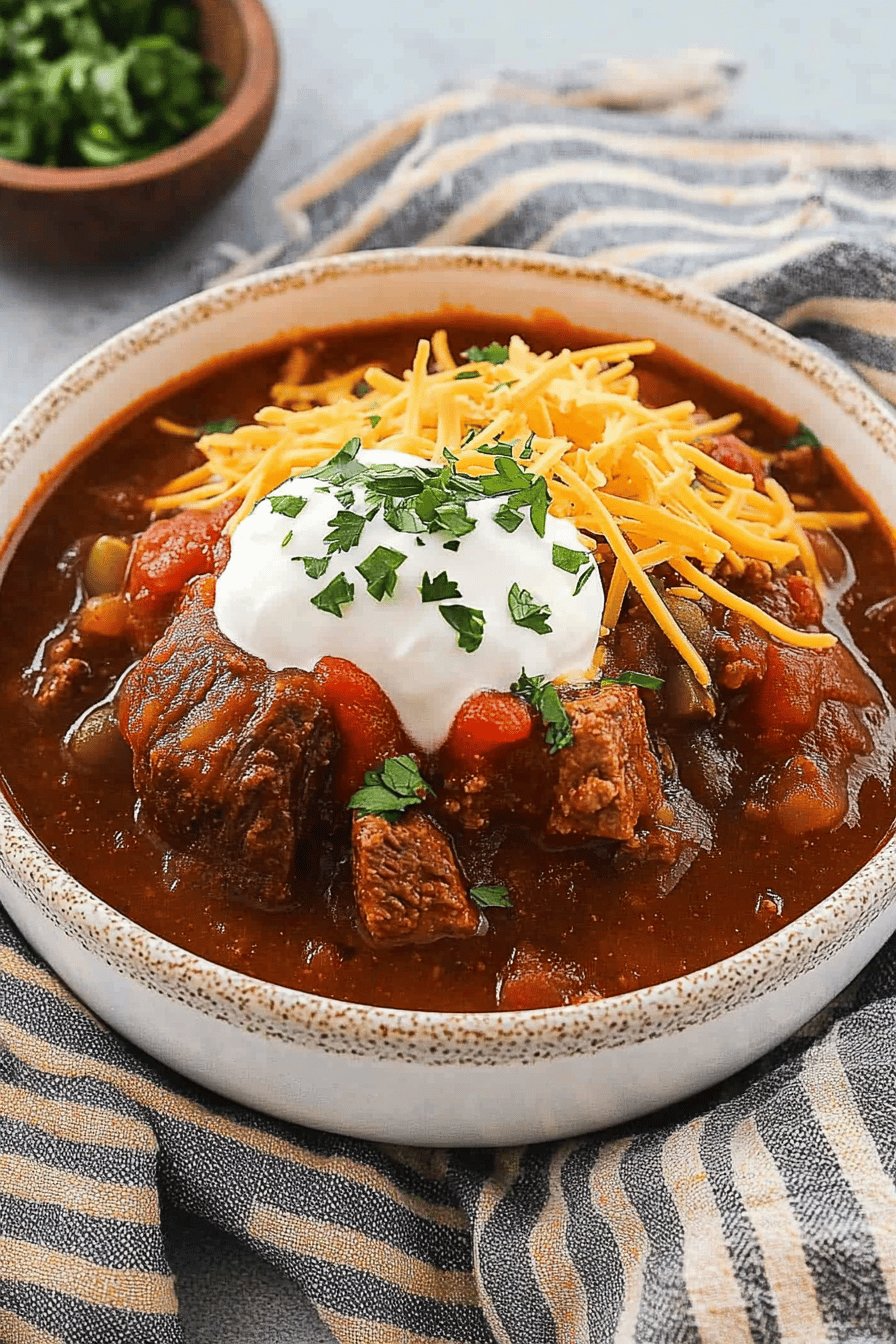 Slow Cooker Brisket Chili slice on plate showing perfect texture and swirl pattern