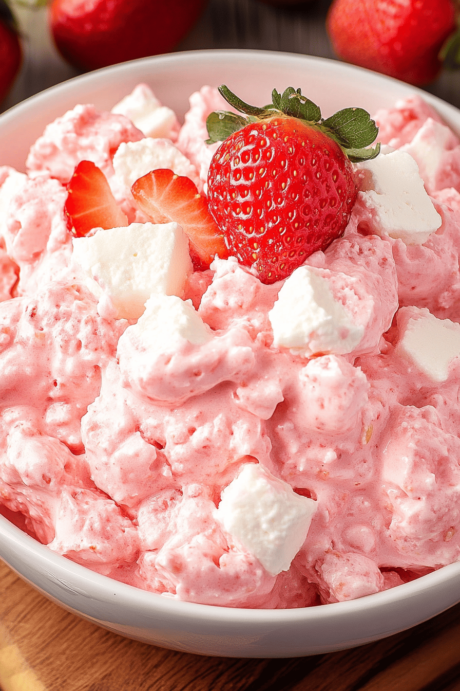 Strawberry Jello Fluff Salad slice on plate showing perfect texture and swirl pattern