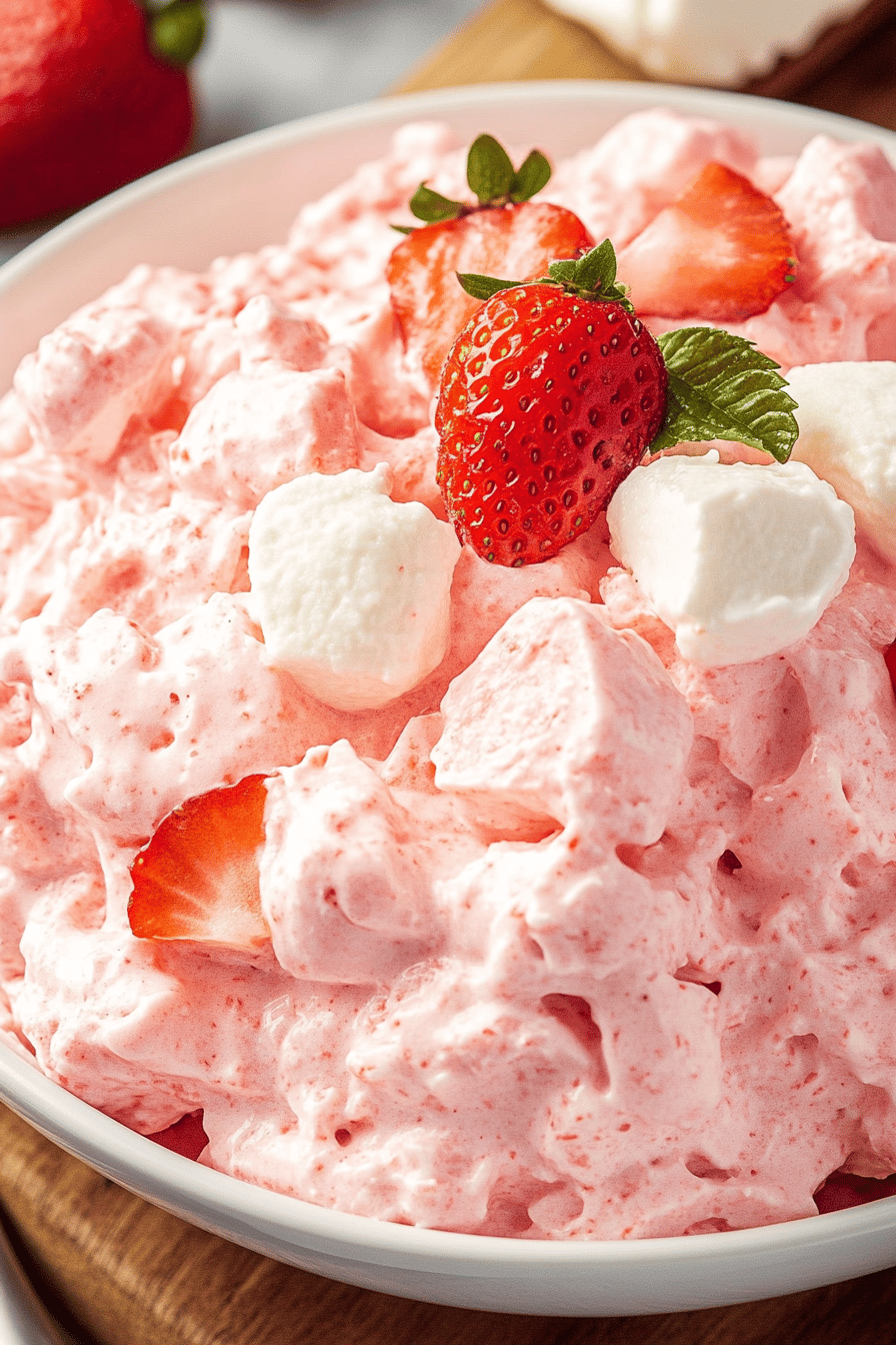 Strawberry Jello Fluff Salad final dish beautifully presented and ready to serve