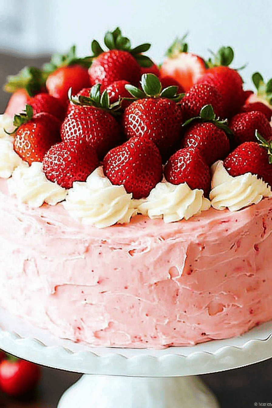 Strawberry Layer Cake slice on plate showing perfect texture and swirl pattern