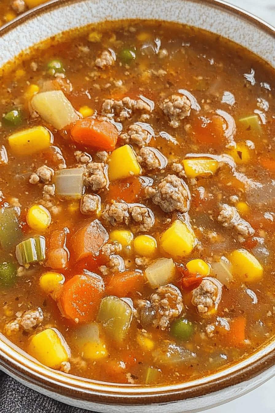 Tomato Hamburger Vegetable Soup ingredients organized and measured on kitchen counter
