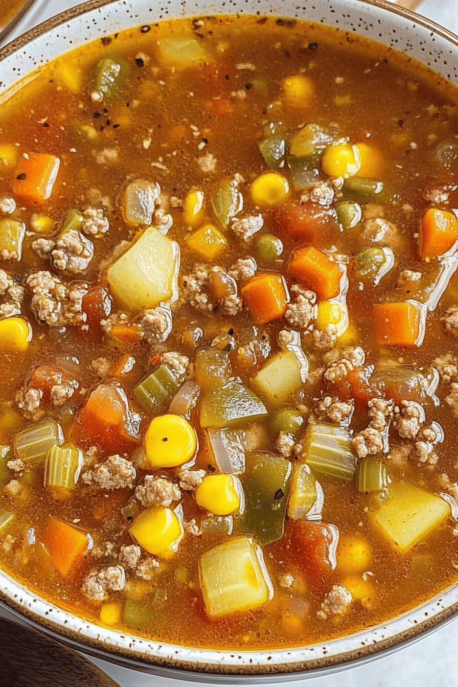 Tomato Hamburger Vegetable Soup final dish beautifully presented and ready to serve