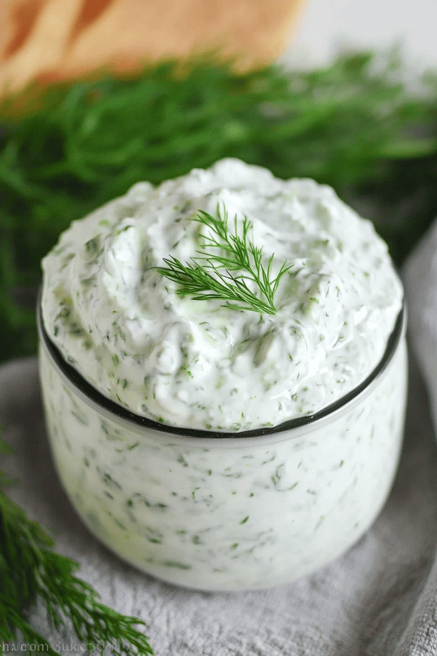 Tzatziki Sauce Recipe slice on plate showing perfect texture and swirl pattern