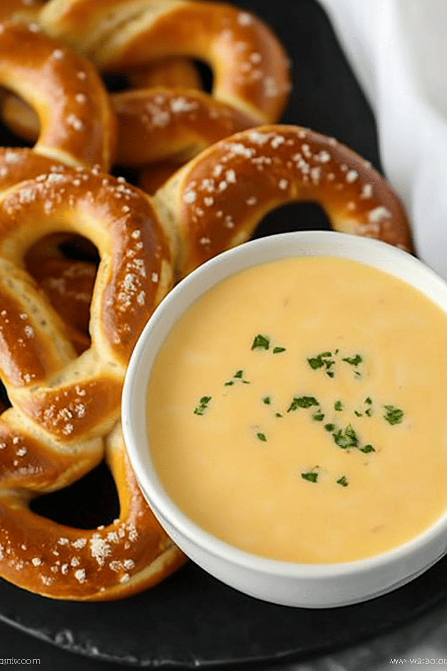 cheese sauce for pretzels slice on plate showing perfect texture and swirl pattern