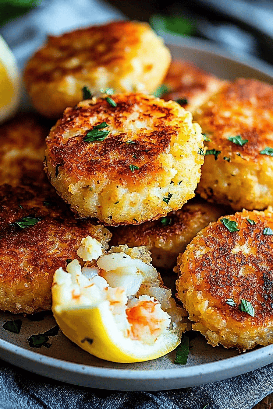 crab and shrimp cakes recipe slice on plate showing perfect texture and swirl pattern