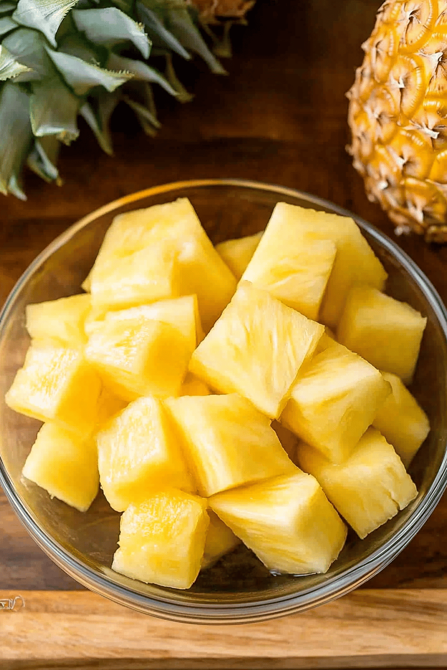 cut pineapple ingredients organized and measured on kitchen counter