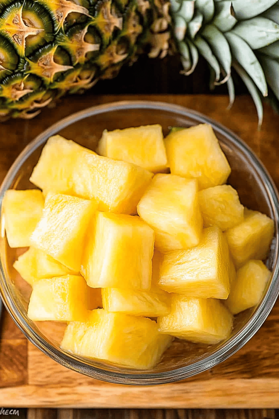 cut pineapple slice on plate showing perfect texture and swirl pattern