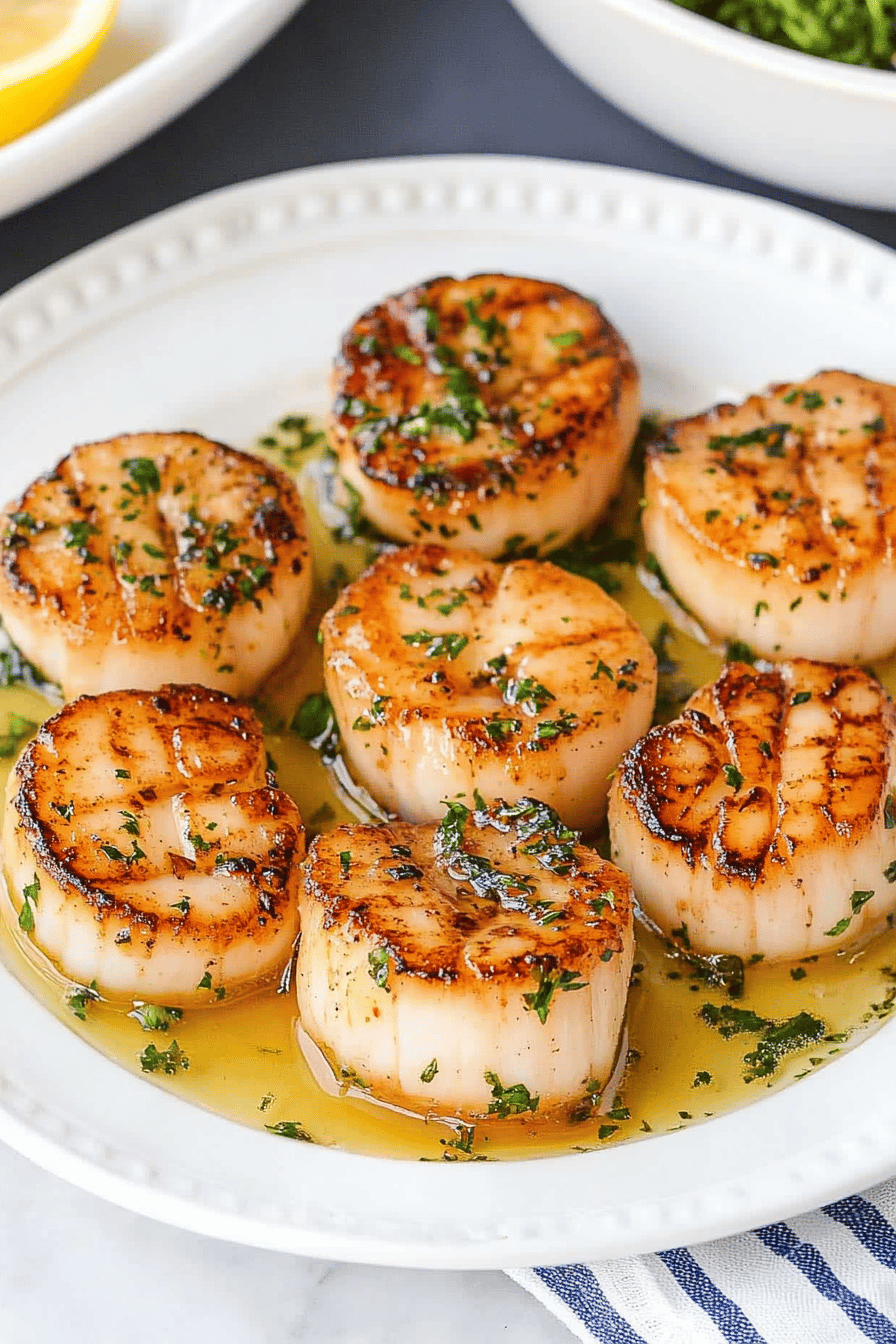 seared scallops slice on plate showing perfect texture and swirl pattern